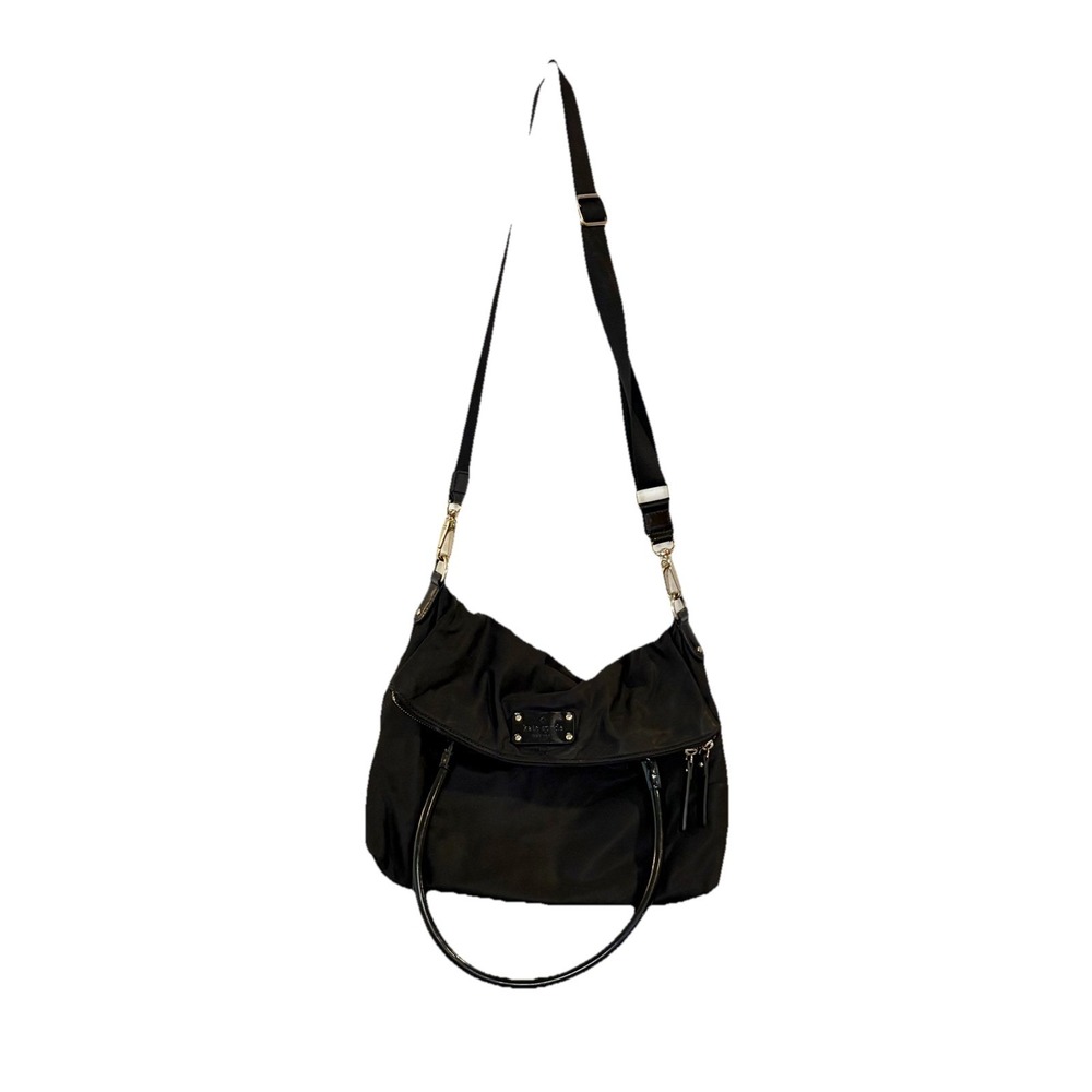 Kate Spade LESLIE Black Nylon/Patent Leather Trim Satchel Bag Foldover Crossbody